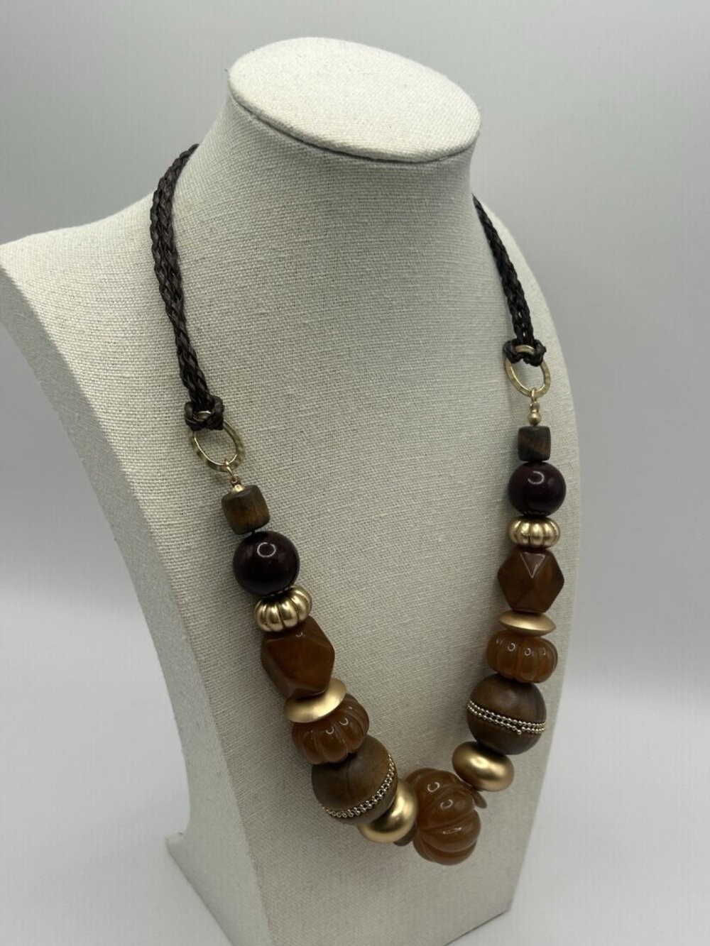 Vintage Boho Statement Necklace Wood Bead Gold Tone Brown Chunky Bib Braid Earth - Picture 11 of 13